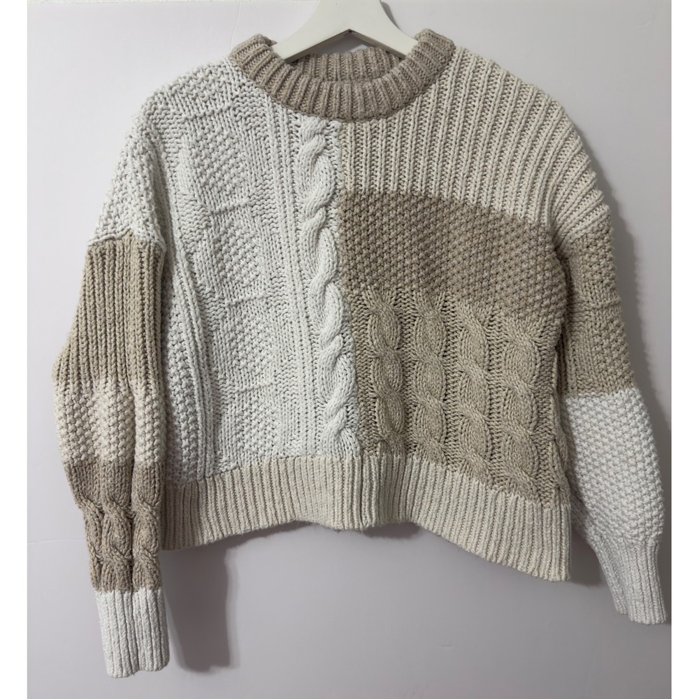 Aerie Womens Patchwork Cable Knit Long Sleeve Sweater Beige Cream  M Cottagecore